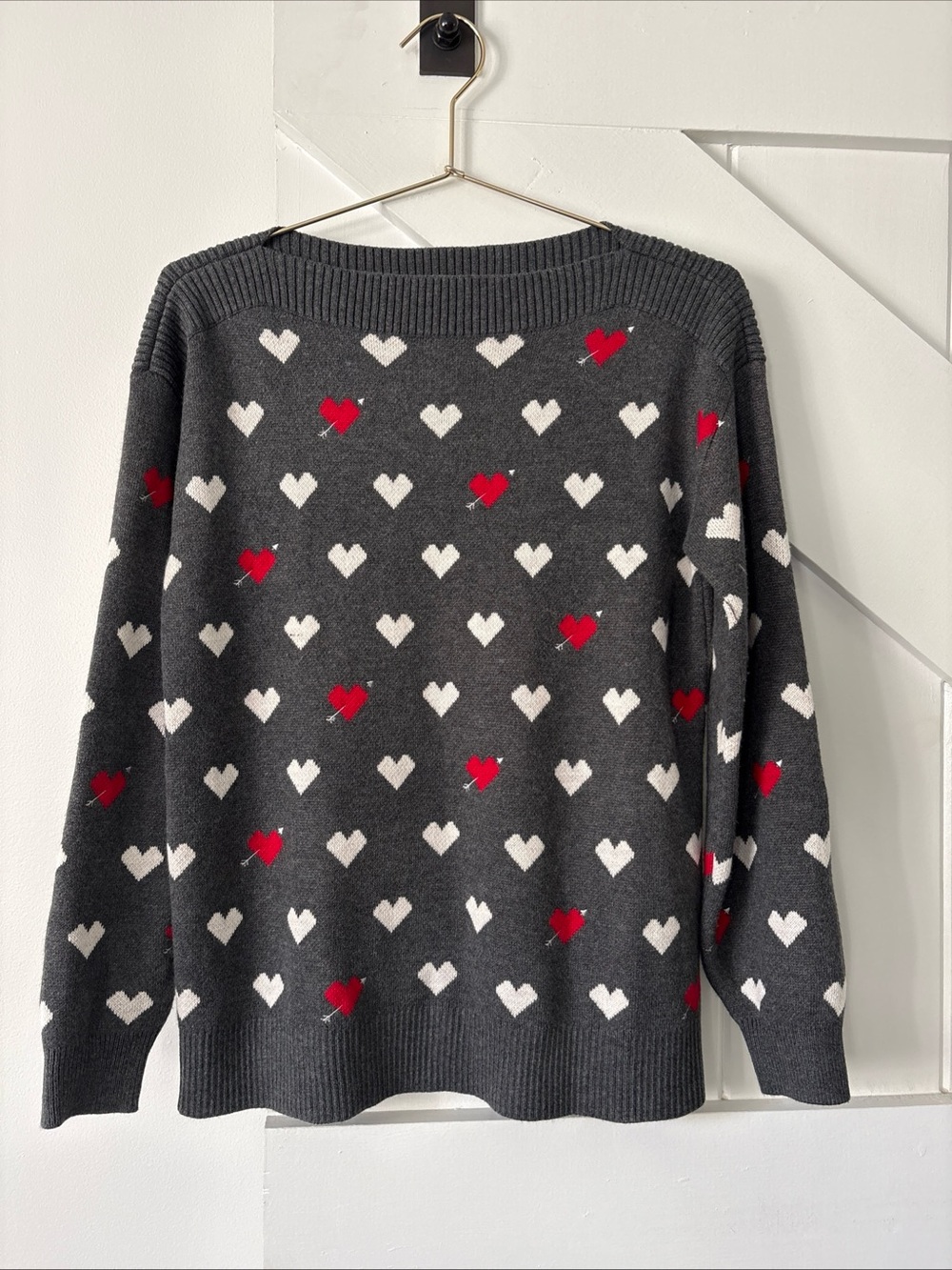 Loft Grey Knit Boatneck Sweater Size XS White Red Heart Pattern Soft Cozy